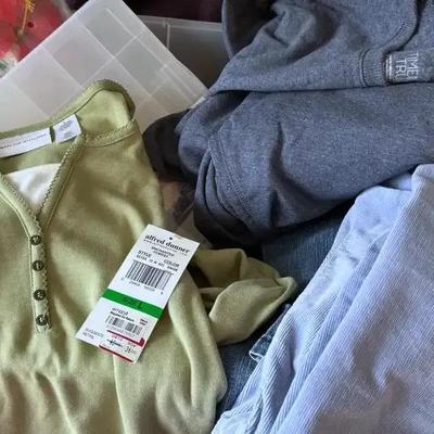 Lot 183:  Tote With Ironing Board Cover, Organizers, Slacks (20) &(18), Sweatshirt/Pants (LG), Shirt