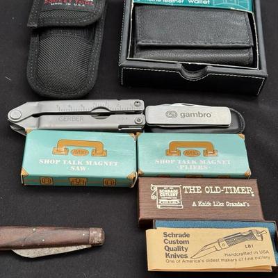 Lot 667:  Pocket Knife & EDC Lot – Gerber Multitool, Schrade Old Timer, Avon Shop Talk Tools, Leathe