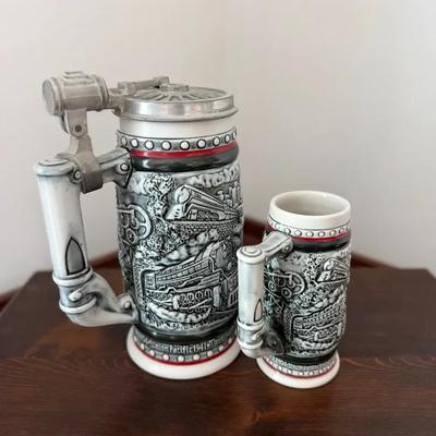 309: Avon Handcrafted Brazilian Train Motif Beer Stein with Pewter Lid and Mini Mug Set  This vintag