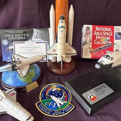 Lot 185:  NASA Space Shuttle Columbia & Challenger Collectibles Display Lot – Models, Patch & Epheme