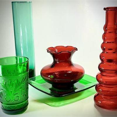 Vintage Red & Green Art Glass Lot – 5-Piece Mixed Collection