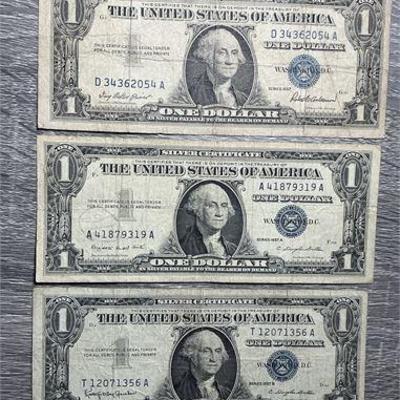 Lot of 3 $1 Silver Certificates – Series 1957, 1957A, 1957B Blue Seal Notes