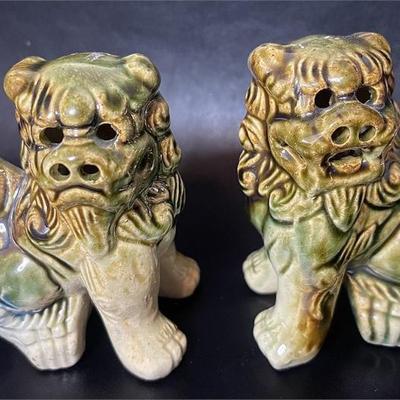 Pair of Vintage Ceramic Foo Dogs / ShiShi Guardian Lions – Green & Brown Glaze