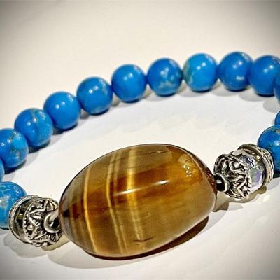 Turquoise Blue & Tiger Eye Beaded Stretch Bracelet