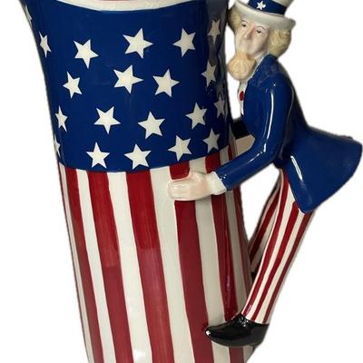 Patriotic Uncle Sam Ceramic Pitcher – Stars & Stripes Americana – 11”