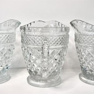 Antique Pressed Glass Cream Pitchers / Diamond Point Pattern /4.5” tall / 3ct