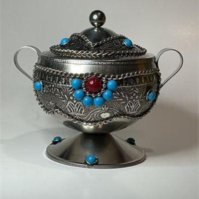Vintage Ornate Lidded Silver-Tone Vessel with Turquoise & Red Stone Accents