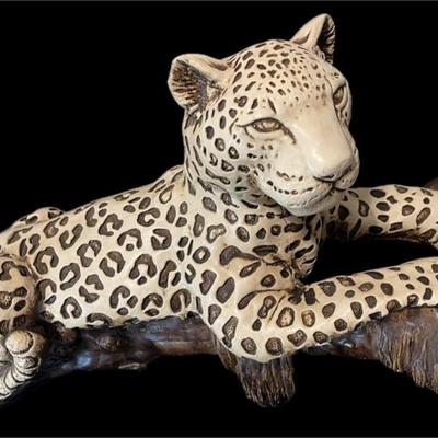 Vintage 27″ Ceramic Leopard on Log – Made in Mexico – Large Hand-Painted Safari
