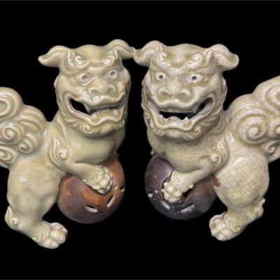 Pair of Vintage Chinese Foo Dog Guardian Lions – Celadon Crackle Glaze – Ceramic