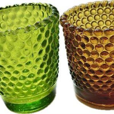 Vintage Green & Amber Bubble Pattern 1970’s Shot Glasses
