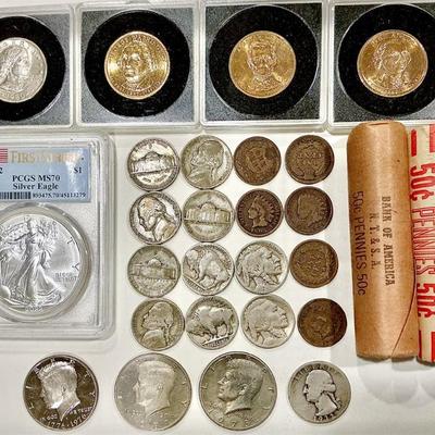 US COINS- Silver Eagle PCGS MS70 - Bank Rolls—Buffalo Nickels, Indian Head Cents