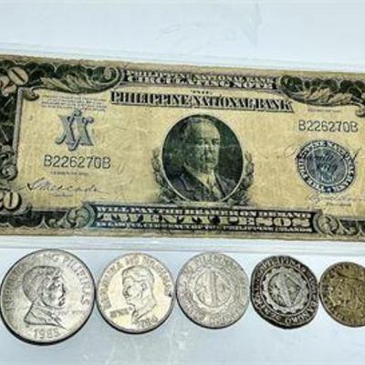 *** RARE*** 1921 Twenty Pesos Philippine National Bank Note + Assorted Coins