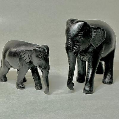 VINTAGE HAND-CARVED EBONY WOOD ELEPHANT FIGURINES