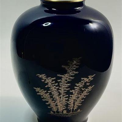 Fukagawa Porcelain Vase, 6”, Cobalt Blue with Gilt Bamboo, Mt. Fuji Mark 深川製