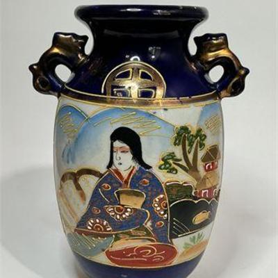 1920’s Japanese Export Porcelain Vase, 5.5”, Cobalt Blue with Gilt & Enamel