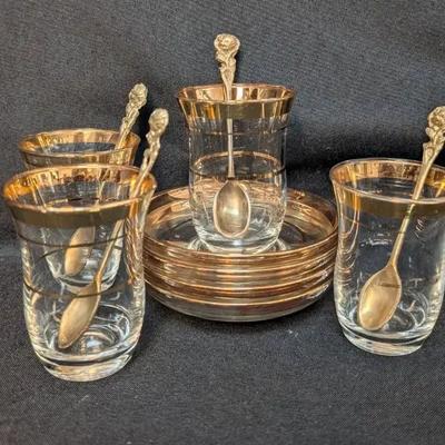 Set of 4 Turkish Tea Glasses & Saucers Gold Rimmed w/Spoons