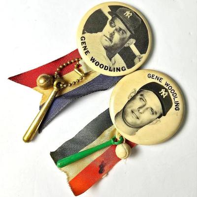 Vintage 1950s Gene Woodling Yankees Stadium Souvenir Pins With Ribbon & Charms