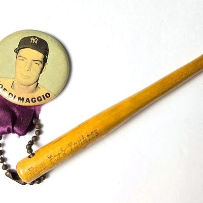 Vintage 1950s Joe DiMaggio Stadium Souvenir PM10 Pin With Ribbon & Wood Bat Charm