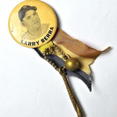 Vintage 1950s Larry Yogi Berra Stadium Souvenir Pin With Ribbon & Charms