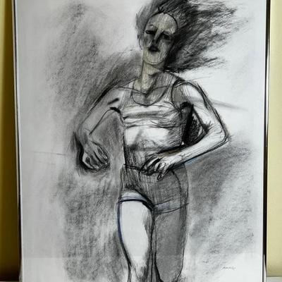 Rod MacKillop Graphite & Charcoal Figurative In Motion Drawing, Framed