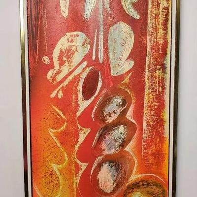Rod MacKillop Orange, Red & Yellow Abstract Painting, Framed 27x13"
