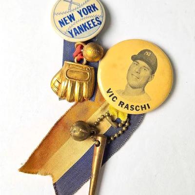 Vintage 1950s NY Yankees & Vic Raschi Stadium Souvenir Pins With Ribbons & Charms