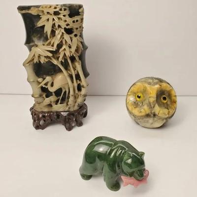 Carved Stone Asian Brush Pot & Animal Figures