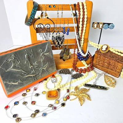 Vintage & Contemporary Costume Jewelry with Boxes & Earring Display