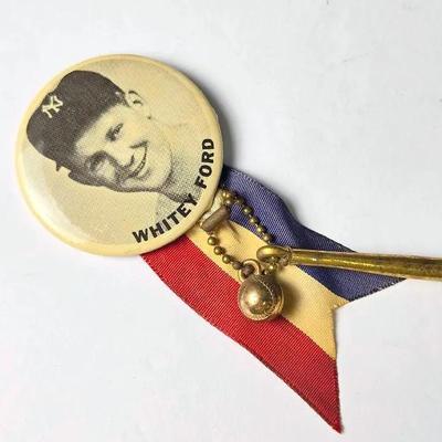 Vintage 1950s Whitey Ford Stadium Souvenir Pin With Ribbon & Charms #1