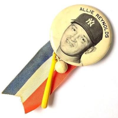 Vintage 1950s Allie Reynolds NY Yankees Stadium Souvenir Pin With Ribbon & Charms