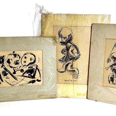 Rod MacKillop Signed Abstract Figurative Ink Drawings (3), 1965, Matted
