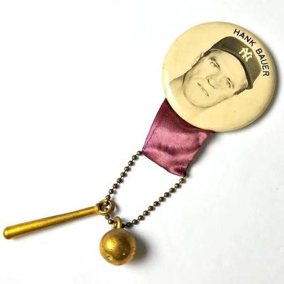 Vintage NY Yankees Hank Bauer 1950s Stadium Souvenir Pin With Ribbon & Charms