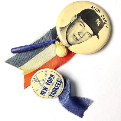 Vintage 1950s NY Yankees & Andy Carey Stadium Souvenir Pins With Ribbons & Charms