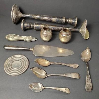 Sterling Silver Weighted Candlesticks, Small Vases, Flatware
