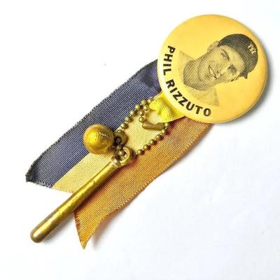 Vintage NY Yankees Phil Rizzuto 1950s Stadium Souvenir Pin With Ribbon & Charms #2