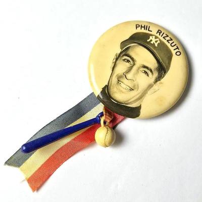 Vintage NY Yankees Phil Rizzuto 1950s Stadium Souvenir Pin With Ribbon & Charms #1