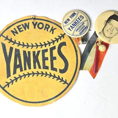 Vintage 1950s NY Yankees: Joe Collins Stadium Souvenir Pin, AL Champs Pin & Felt Patch