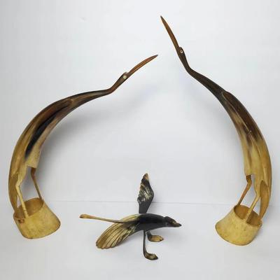 Vintage Hand Carved Horn Bird Sculptures (3)  - 16.5" & 4.5"