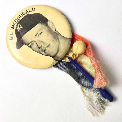 Vintage NY Yankees Gil McDonald 1950s Stadium Souvenir Pin With Ribbon & Charms