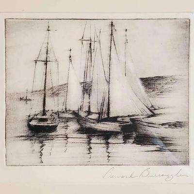 Signed Sailboat Etching, Framed