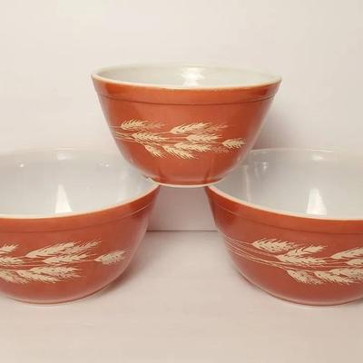 Vintage Pyrex Harvest Wheat Mixing Bowls (3) - 8.25" & 5.75" Dia