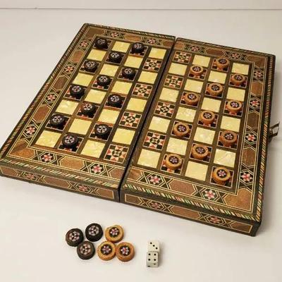 Inlaid Wood + Mother Of Pearl Checker / Backgammon Set - 8" Long