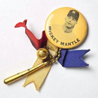 Vintage 1950s Mickey Mantle Stadium Souvenir Pin With Ribbon & Charms #1