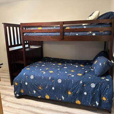 Twin size bed over full bunk with stairs, storage drawers, & mattresses