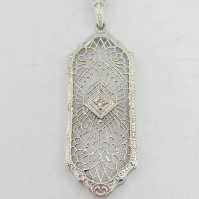 10k White Gold Antique Art Deco Filigree Pendant 