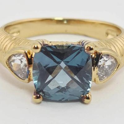 18k Gold Clad Green Teal Similated Sapphire Sterling Silver Ring 