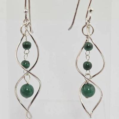 Sterling Silver Malachite Spiral Dangle Earrings 