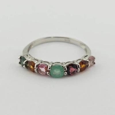 Natural Unheated Emerald & Tourmaline Sterling Silver Ring 