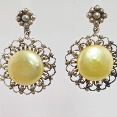 Sterling Silver Freshwater Coin Pearl Dangle Earrings 