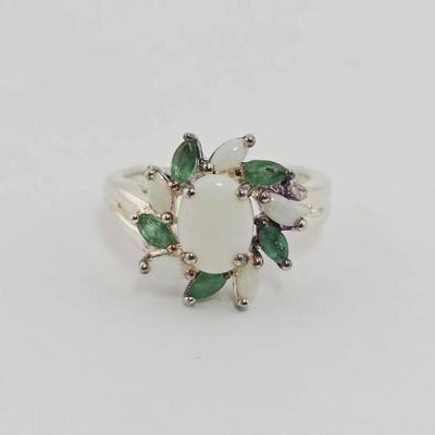 Opal & Emerald Cluster Sterling Silver Ring 